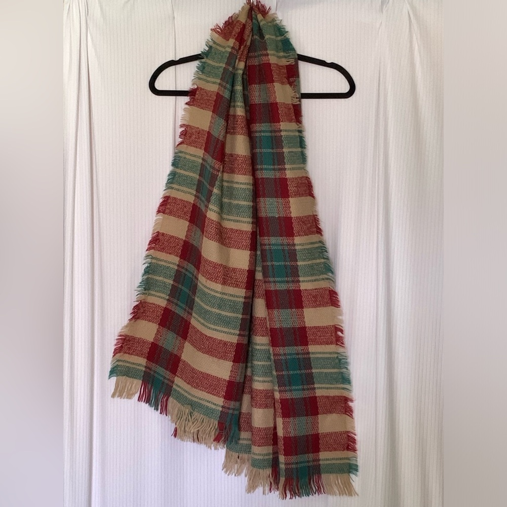 Scarf Rustic Country Colors Red Tan and Green Lightweight with Fringe